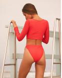 muolux ביקיני 2023 אישה בגד ים מותן גבוה שרוולים ארוכים ספורטיבי קרופ חולצות ביקיני סט גלישה בגדי ים שני חלקים רחצה