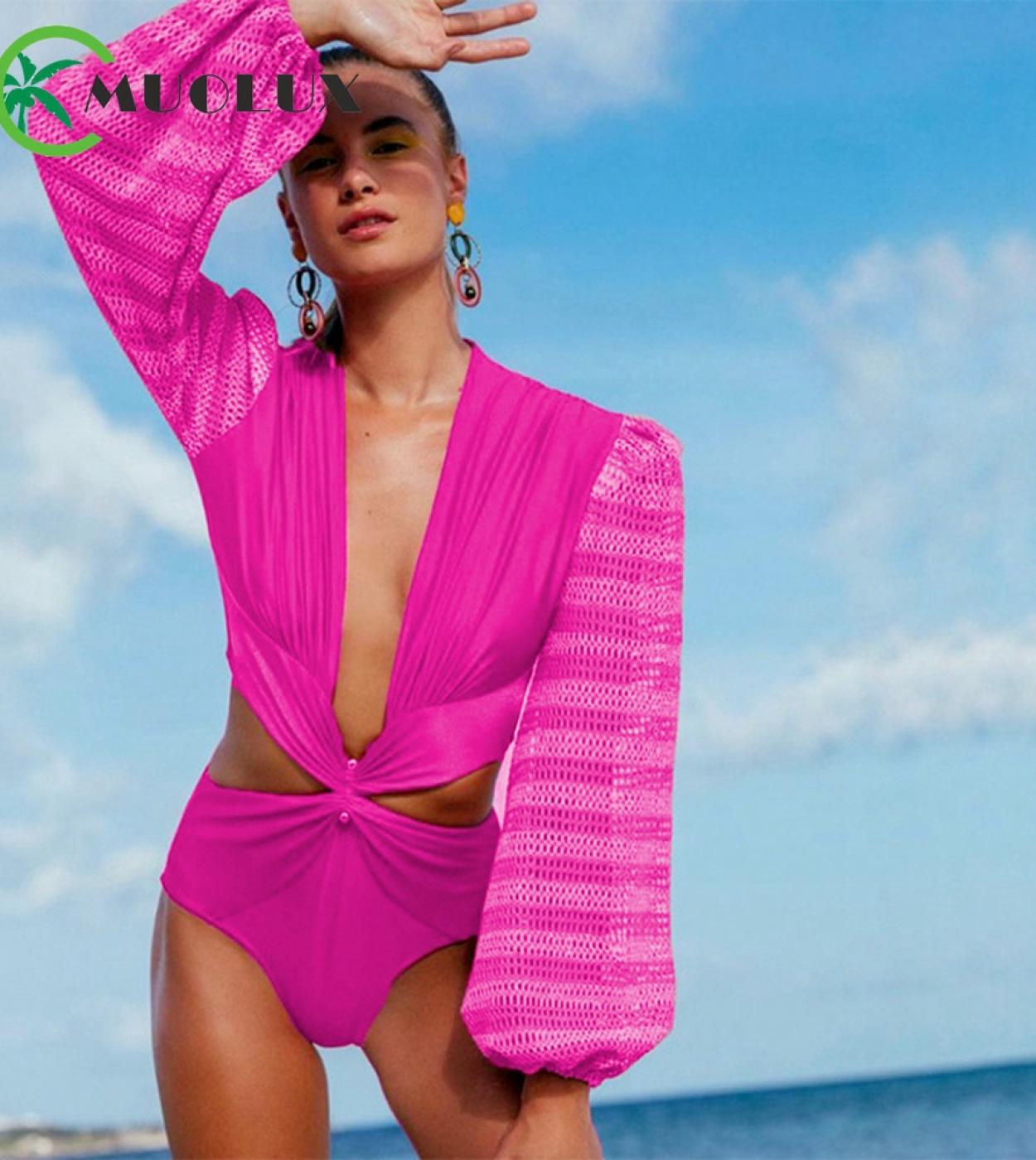 Muolux 2023 قطعة واحدة ملابس السباحة النساء Monokini طويلة الأكمام عالية الخصر الإناث ثوب السباحة تصفح ارتداءها الشاطئ