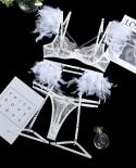 Ellolace Feather Sensual Lingerie  Transparent Lace Bra With Chain Exotic Sets Porn 3 Piece Set Garters  Costumes  Exoti