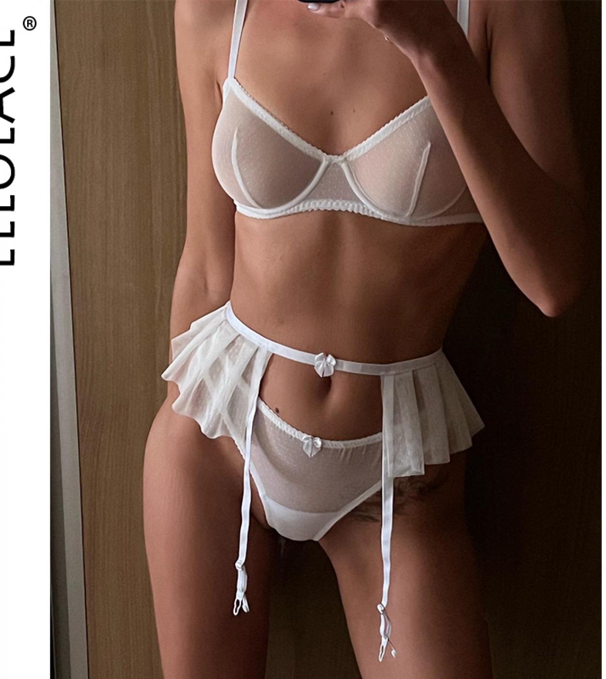 Ellolace Ruffle Sensual Lingerie For Women  Lace Porn Underwear Uncensored 3 Piece Transparent Bra Fine Intimate Garter 