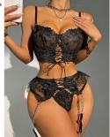 Ellolace Fancy Lingerie Luxury Underwear Lace Up Garters 3 Piece Exotic Sets  Fantasy Costume Thongs Black Floral Intima
