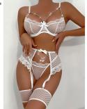 Ellolace  Glitter Lingerie 3pieces Luxury Underwear Transparent Bra And Thongs Garter Belt With Stockings Fancy Outfit  