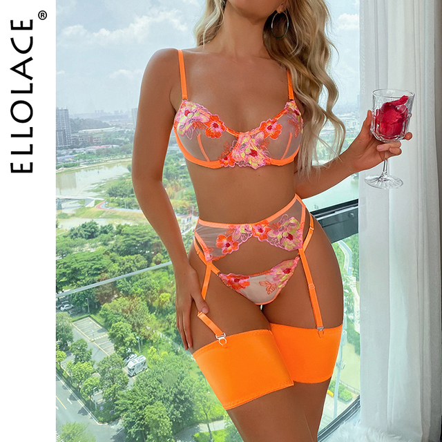 US$21.61-Ellolace Lingerie Set Exotic Fancy Floral Transparent Underwear  Lace Sensual Push Up Underwire Bra Garters Thong Brief -Description