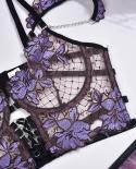 Ellolace Fancy Lingerie Floral  Porn Underwear Women Body Ruffle Garters Briefs Transparent Bra Chic  Costume 3piece  Br