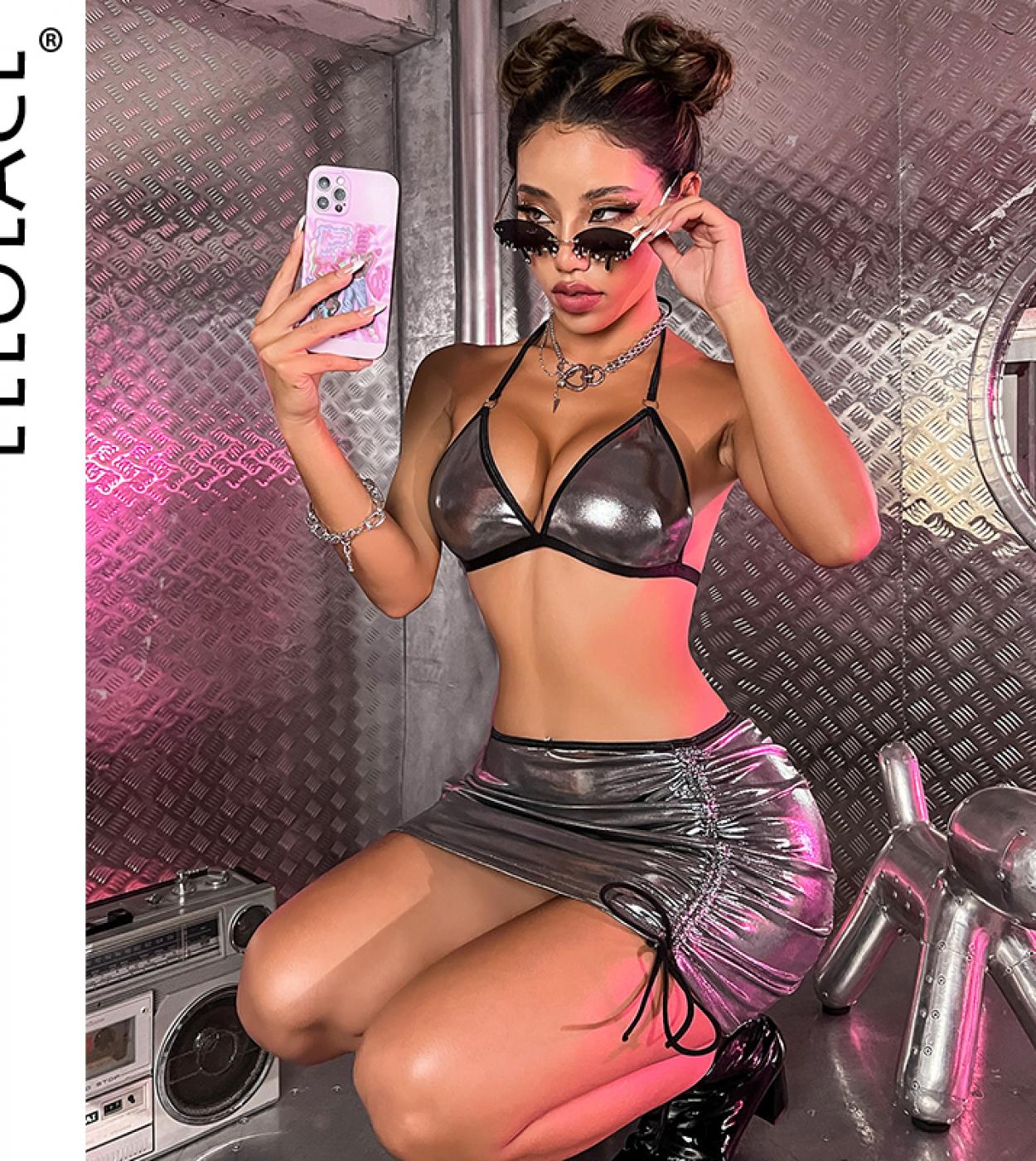 Ellolace Wetlook Lingerie For Women Sliver Fashion Trend Nightclub 3piece With Thongs Halter Bra Ruffle Skirt  Outfits  