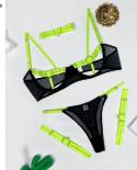 Ellolace Lingerie  Hollow Out 4piece Exotic Costumes Sensual See Through Outfits For Woman Neon Green Porn Bottom Whore 