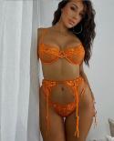 Ellolace Lace Embroidery Lingerie  Transparent Underwear  3piece Orange Mesh Bra Short Skin Care Kits Bilizna Set  Bra 