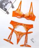 Ellolace Lace Embroidery Lingerie  Transparent Underwear  3piece Orange Mesh Bra Short Skin Care Kits Bilizna Set  Bra 
