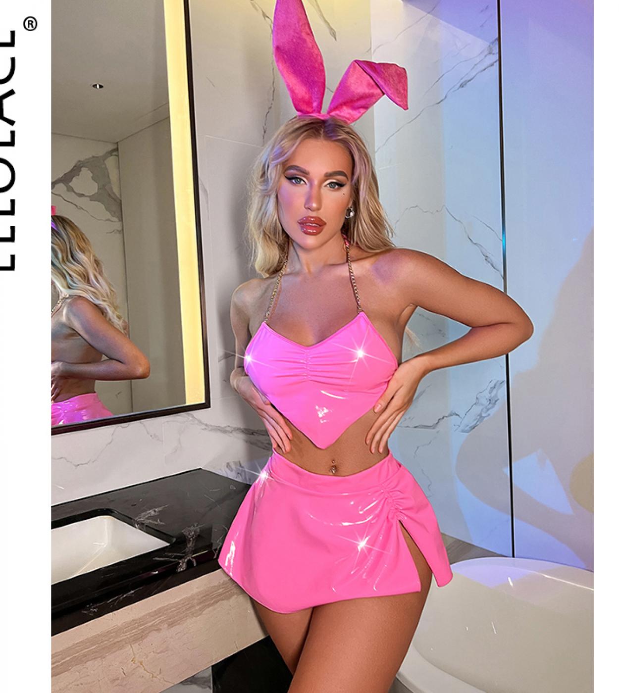 Ellolace Latex Lingerie Neon Pink Underwear Women 4piece Bunny  Pvc Naughty Outfit Nightclub Leather  Costumes  Exotic S