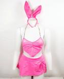Ellolace Latex Lingerie Neon Pink Underwear Women 4piece Bunny  Pvc Naughty Outfit Nightclub Leather  Costumes  Exotic S