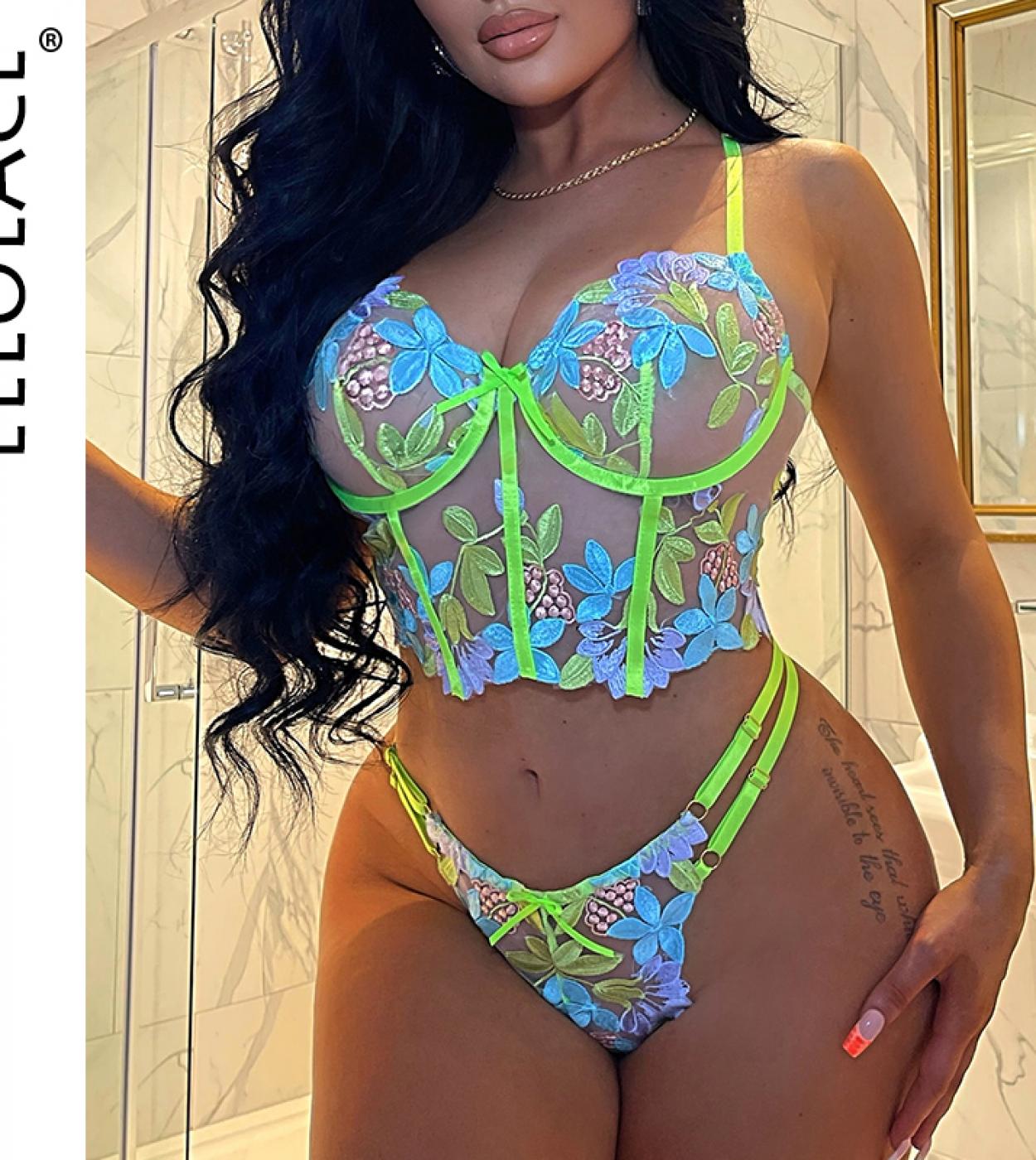 Ellolace Luxury Lingerie  Floral Embroidery Set Woman 2 Pieces Underwire Bra Thongs Exotic Intimate Neon Green Underwear