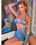 Ellolace Sequined Nightclub Lingerie 4pieces Exotic Girls  Sweets  Skirt With Cuff Glow In The Dark Bra And Thong Set  B