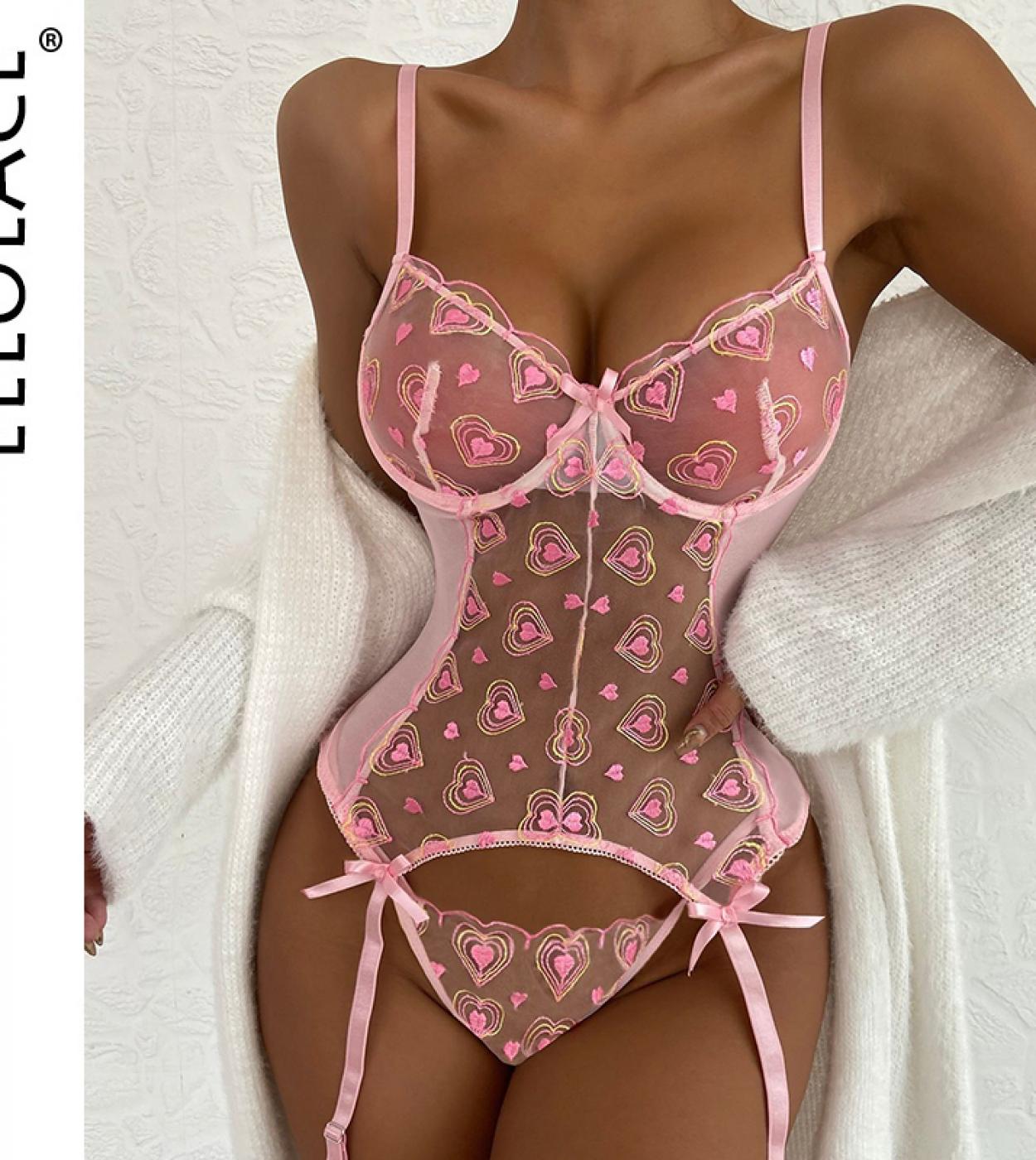 Ellolace Love Heart Shaped Lingerie Fetish Underwear That Can See Romance Valentines Day Set Woman 2 Pieces Lace Intima