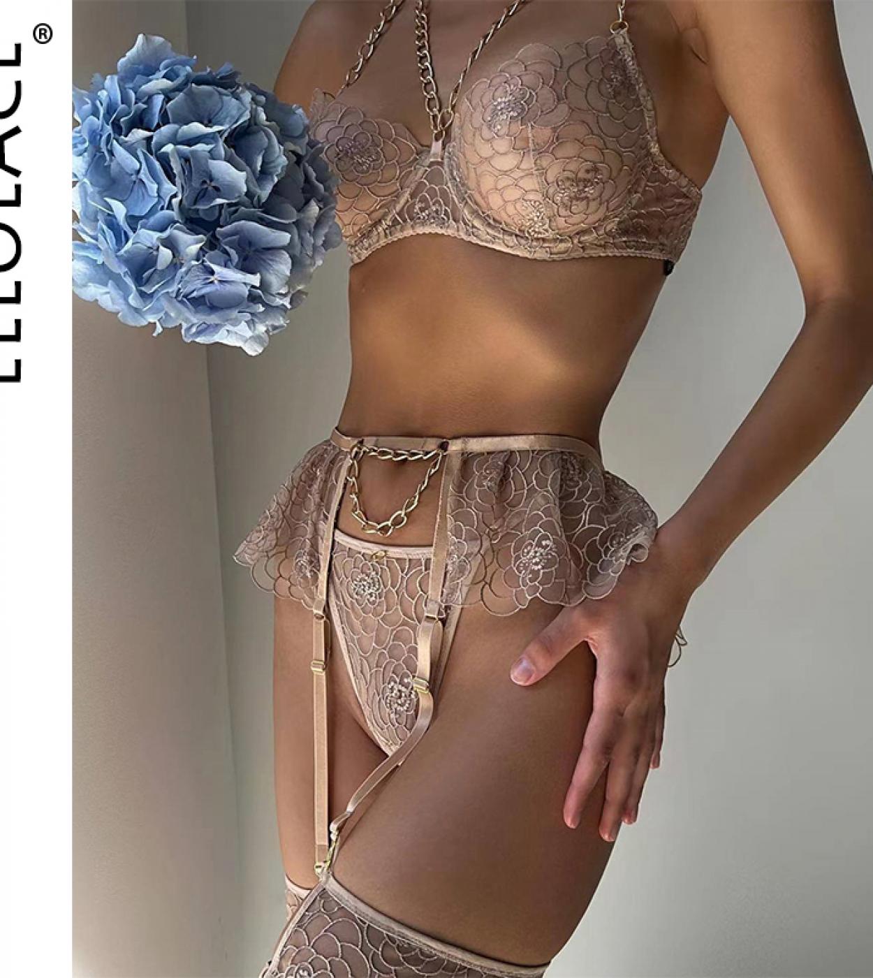 US$25.30-Ellolace Lingerie Porn Underwear Uncensored Transparent Bra Briefs  5piece Fancy Lace Delicate Fine Intimate Luxury Sets-Description