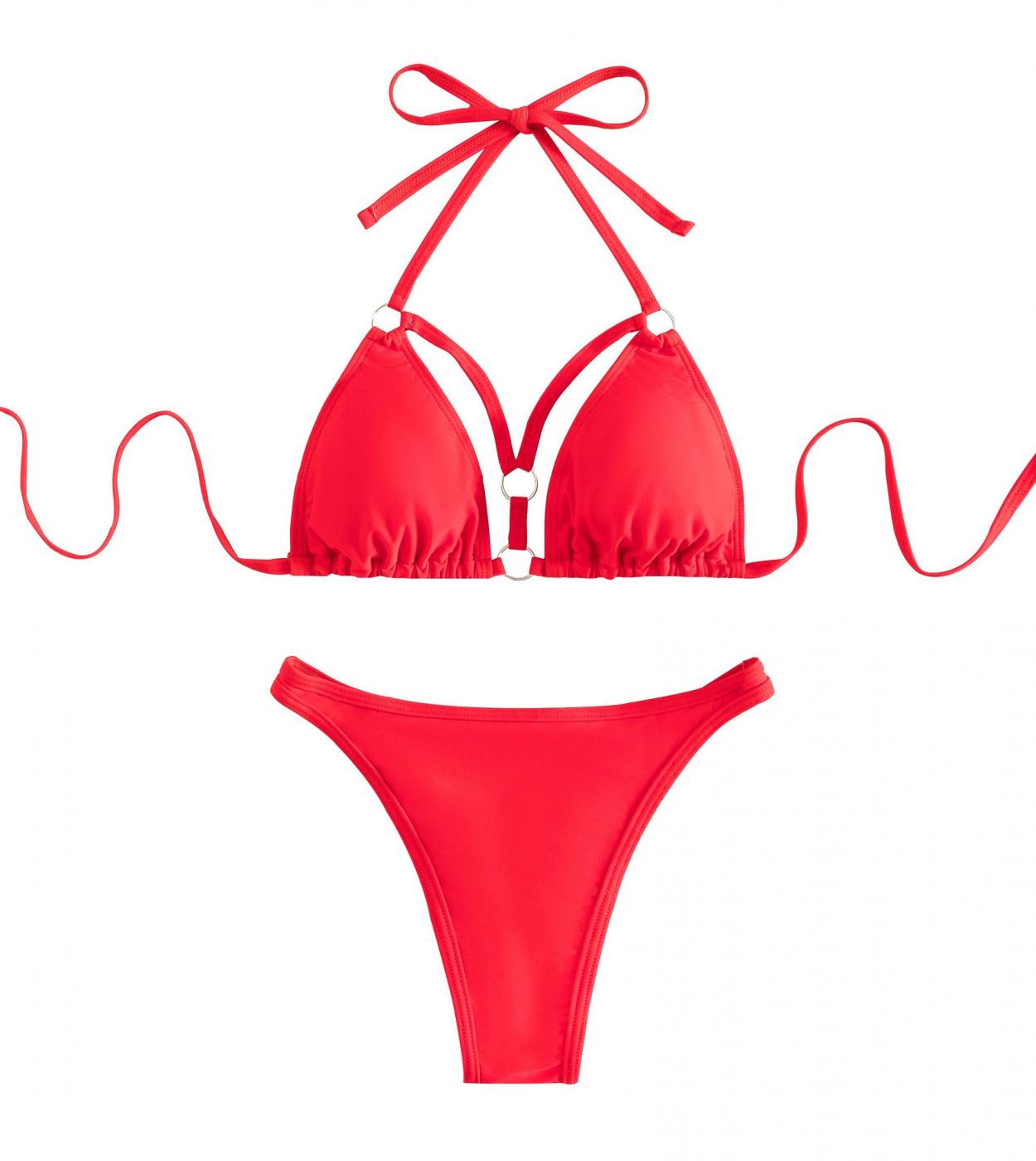 2023 Solid Color Bikini 2 Piece Swimsuit Women  Triangle Cup Hollow Out Beach Bathing Suit Bandage Low Waist Swimwear Qj