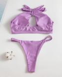 Lilac Colour Swimsuit 2023 Two Piece Low Waist Bikini Women  Hollow Out Halter Bathing Suit Backless Beach Swimwear Sccx