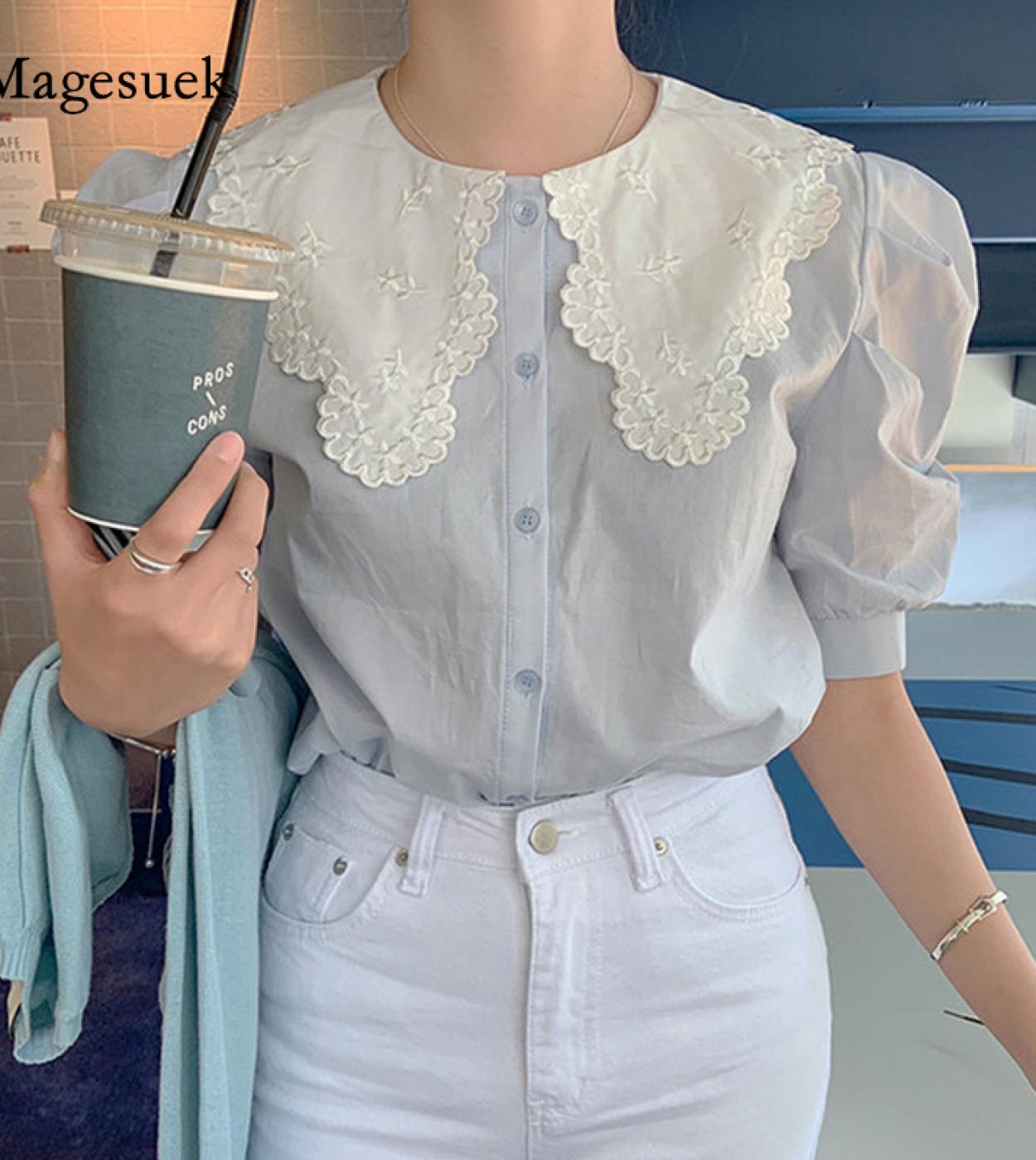   Summer Womens Blouse Short Sleeve Chic Turn Down Collar Patchwork Tops Fashion Sweet Embroidery Loose Shirts 13846shi