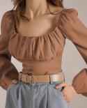 Square Neck Pleated Slim  Cropped Top Women Lantern Long Sleeve Crop Shirt Female Fashion 2022 Womens Blouses Elegant 2