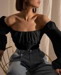 Square Neck Pleated Slim  Cropped Top Women Lantern Long Sleeve Crop Shirt Female Fashion 2022 Womens Blouses Elegant 2