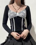 2022 Y2k Lace  Crop Top Backless Tie Up Slim Womens Shirt Long Sleeve V Neck Bow Patched Pullover Blouse Women Blusas 2