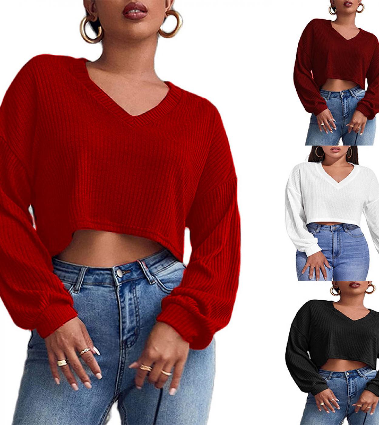 Autumn Casual Long Sleeve Pullover Blouse Women Loose V Neck Knit Shirt Female Solid Cropped Tops Blouses Women Clothing