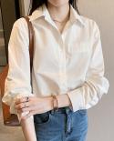 Autumn Fashion Cotton White Shirt Women Design Loose Long Sleeve Blouse Women Casual Polo Collar Blue Blouses And Tops 2