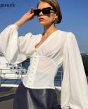 Long Lantern Sleeve  Cropped Blouse Tops Slim V Neck Chiffon Shirt Women Through Fashion Vintage White Shirts Female 211