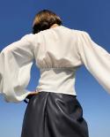 Long Lantern Sleeve  Cropped Blouse Tops Slim V Neck Chiffon Shirt Women Through Fashion Vintage White Shirts Female 211