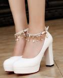 Womens Wedding Shoes Crystal Ankle Strap Pumps White Dress Footwear Medium Heels Classic Bridal Shoes Platform Designer