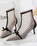 Womens Style  Fashion Pointed Mesh Polka Dot Breathable Hollow Bow Stiletto Ankle Boot Party Summer Casual For Woman  W