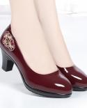 Womens Summer Shoes Rhinestones Cute  Stylish Round Toe Black Pu Leather Square Heel Pumps Lady Casual Wine Red Comfort