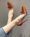 Womens Shoes 2022 Spring   New Rivet Matching Bow Shallow Mouth High Heel Party Pointed Toe Shoes Large Size 41  Pumps