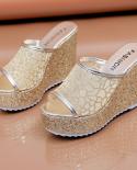 Bling Golden Women House Slippers Summer Shoes Platform 4cm Outside Fittingroom 11cm High Heels Wedges Solid Mesh Female