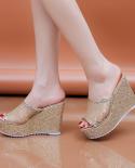 Bling Golden Women House Slippers Summer Shoes Platform 4cm Outside Fittingroom 11cm High Heels Wedges Solid Mesh Female