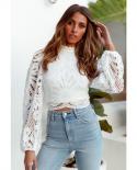 Elegant Long Sleeve Lace Womens Blouses Tops Crochet Hollow Out White Shirt Stylish Stand Cropped Shirts Female Blusas 