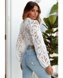 Elegant Long Sleeve Lace Womens Blouses Tops Crochet Hollow Out White Shirt Stylish Stand Cropped Shirts Female Blusas 