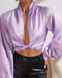 Satin  Womens Cropped Tops V Neck Purple Silk Long Sleeve Shirts Female Streetwear Slim Short Blouse Women Casual New 2