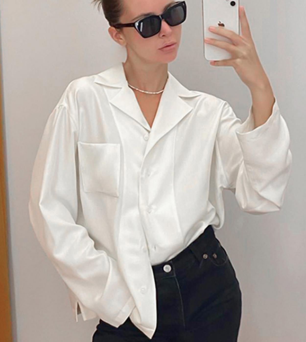 Autumn Simple Polo Women White Shirt Silk Long Sleeve Casual Office Tops Satin Blouse Women Pocket Notched Elegant Blous