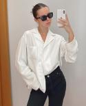 Autumn Simple Polo Women White Shirt Silk Long Sleeve Casual Office Tops Satin Blouse Women Pocket Notched Elegant Blous