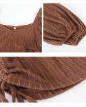 Casual Knitted  Cropped Tops Women Autumn Vintage Lantern Sleeve Women Blouses Square Collar Drawstring Short Shirts 227