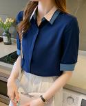 Polo Collar Button Short Sleeve Tops  New Summer Chiffon Shirt Women Office Lady Fashion  Blouse Women Clothing 13922shi