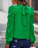 Vintage plisado Puff manga verde blusas y Tops mujeres Stand Collar elegante camisa mujer suelta otoño blanco blusa Tops