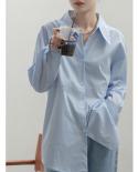 Camicia a maniche lunghe in cotone blu Camicetta da donna vintage monopetto autunno Camicetta da donna casual semplice da uffici