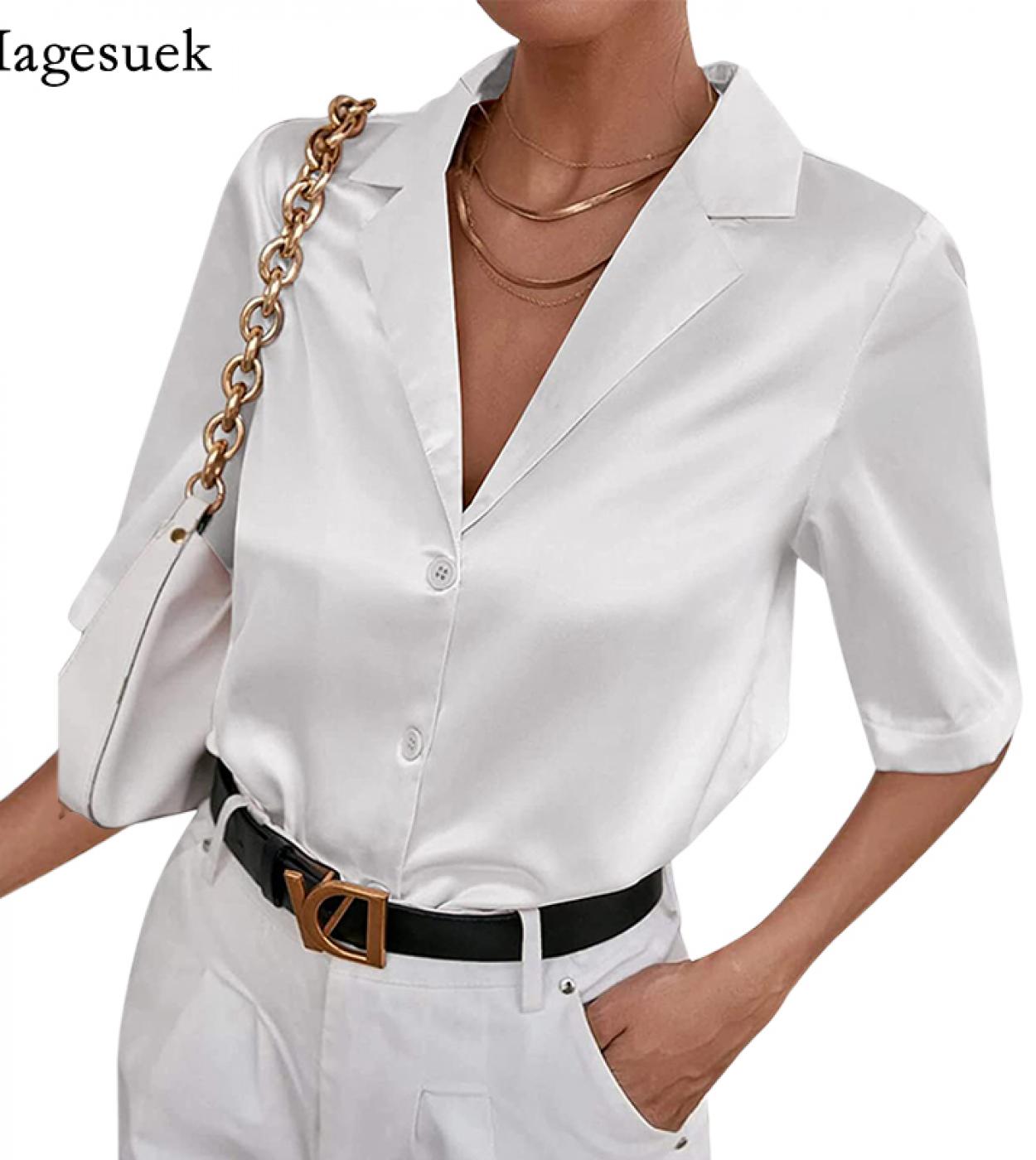 2022 estate donna top manica corta camicia in raso con intaglio donna elegante ufficio moda bottone allentato casual seta bianca