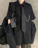 Camicia da donna allentata alla moda Harajuku con taschino per cravatta con catena Abbigliamento da donna Camicetta con maniche 