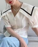  Chic Summer Tops Women Retro Sailor Collar Short Puff Sleeve Shirt Female Slim Single Breasted Woman Blouses Blusas 152