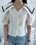  Chic Summer Tops Women Retro Sailor Collar Short Puff Sleeve Shirt Female Slim Single Breasted Woman Blouses Blusas 152