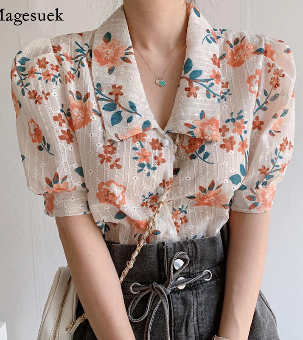 US 35.46 Embroidered Floral Summer Shirt Women New Chic Short Sleeve Women Blouse Vintage Button Up Shirts Tops Blusas 13793 W Description
