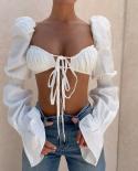 Pleated White Puff Sleeve Tie Cropped Top Elegant Hot  Women Blouse Backless Shirts Short Tops Fashion Clothing Blusas 2