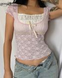 Y2k Pink Women Cropped Tops Bow Cute Embroidery T Shirt Women Retro Short Sleeve Slim Lace Summer Tees See Through Tshir